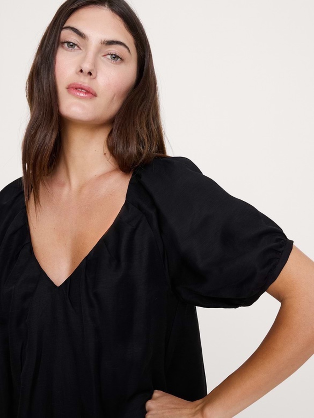 Banana Republic Black VISCOSE-LINEN PUFF-SLEEVE MINI DRESS - Picture 3 of 6